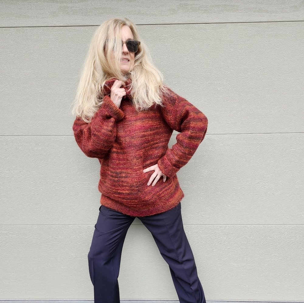 Hand Crafted New Red/Orange Cowl Neck Oversized Mohair Wool Sweater, Large, $70